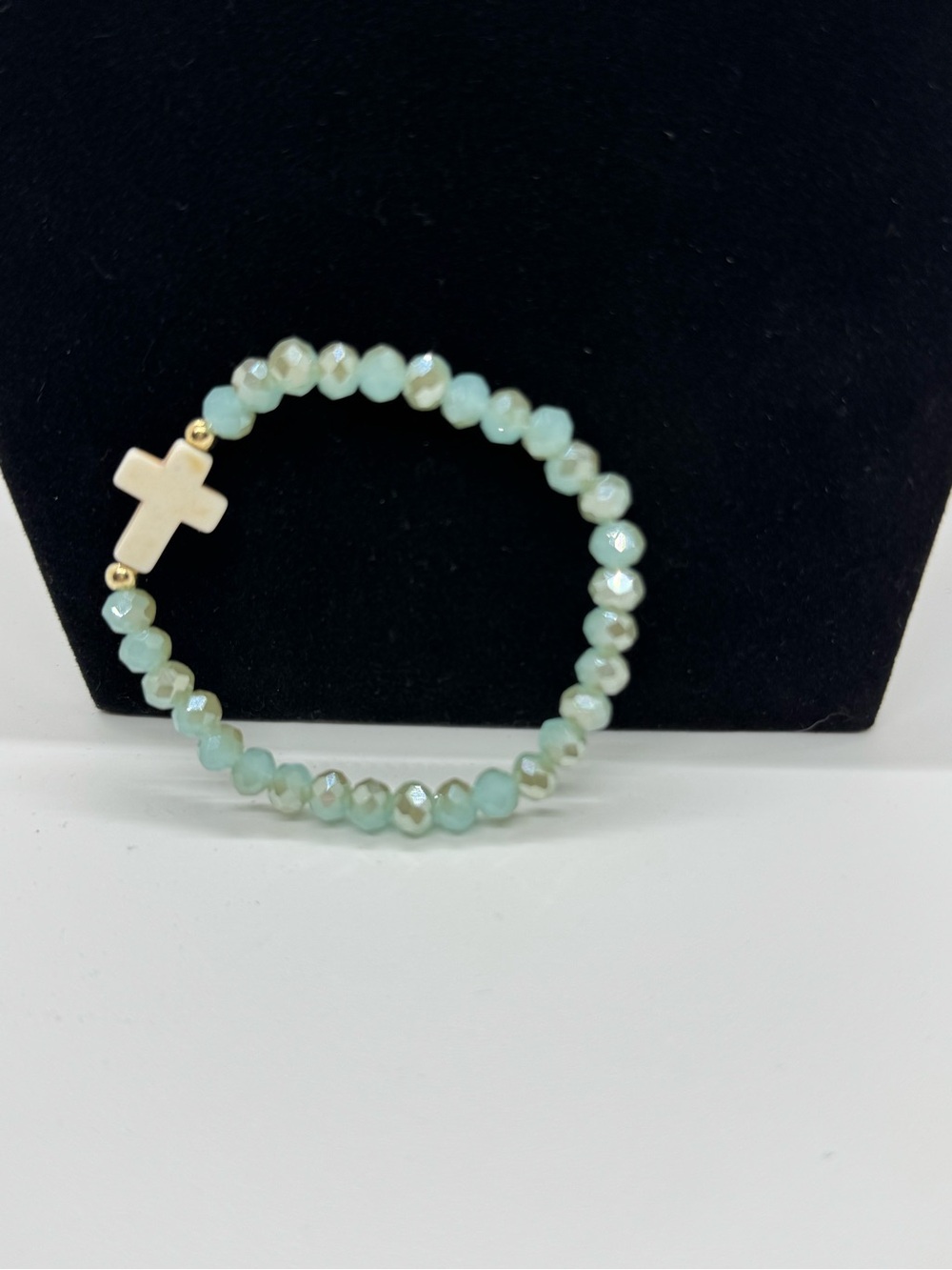 Beaded Cross Stretch Bracelet in Light Aqua